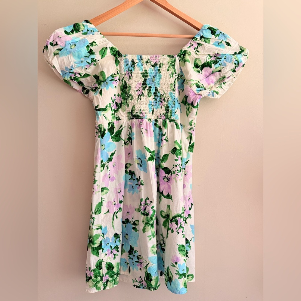 NWT Old‎ Navy Womens Ivory Green Purple Floral Puff Sleeve Mini Dress MEDIUM - Picture 5 of 14